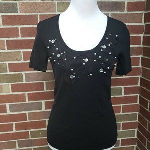 Cable & Gauge Black Knit Embellished Sweater Top Short Sleeve Viscose Blend S